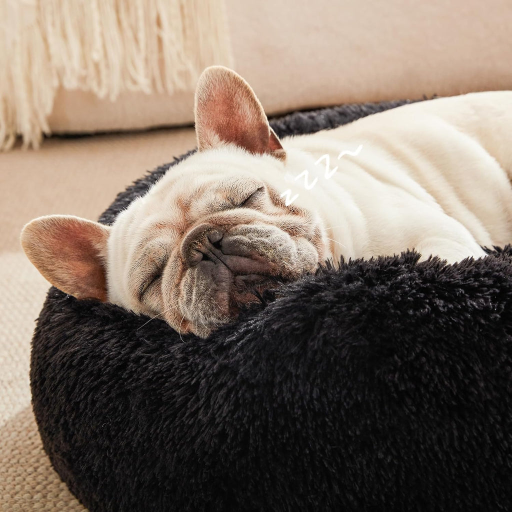 Calming Cat Bed for Indoor Cats,Anti-Anxiety Donut round Dog Bed,Fluffy Faux Fur Washable Pet Bed for Small Medium Dogs and Cats,Black,24In