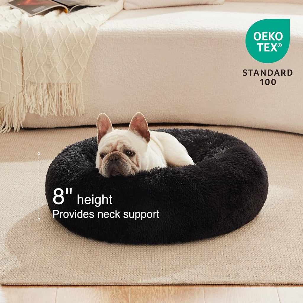 Calming Cat Bed for Indoor Cats,Anti-Anxiety Donut round Dog Bed,Fluffy Faux Fur Washable Pet Bed for Small Medium Dogs and Cats,Black,24In