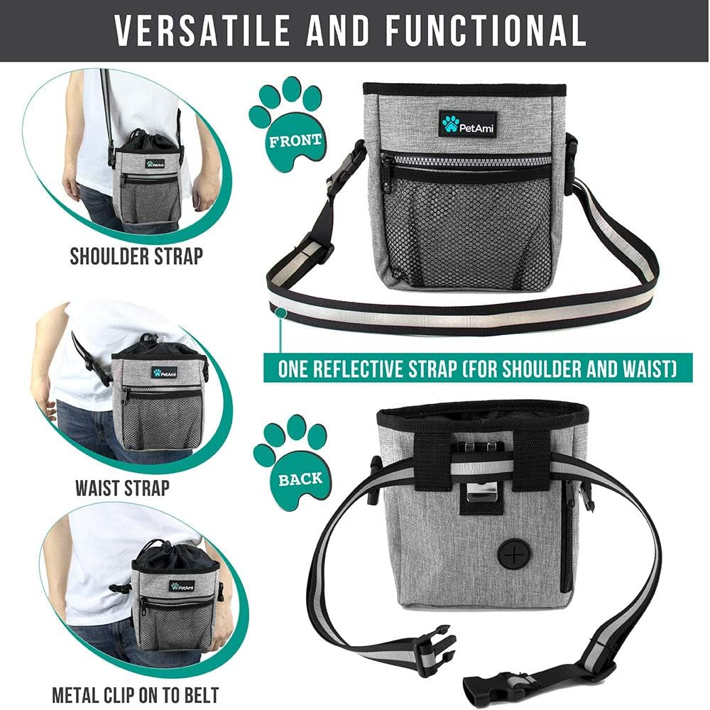 Dog Treat Pouch - Versatile Training and Walking Bag for Kibbles, Pet Food, Toys, and Essentials with Poop Bag Dispenser - 3 Wear Options (Heather Gray)