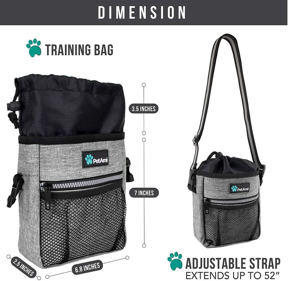 Dog Treat Pouch - Versatile Training and Walking Bag for Kibbles, Pet Food, Toys, and Essentials with Poop Bag Dispenser - 3 Wear Options (Heather Gray)