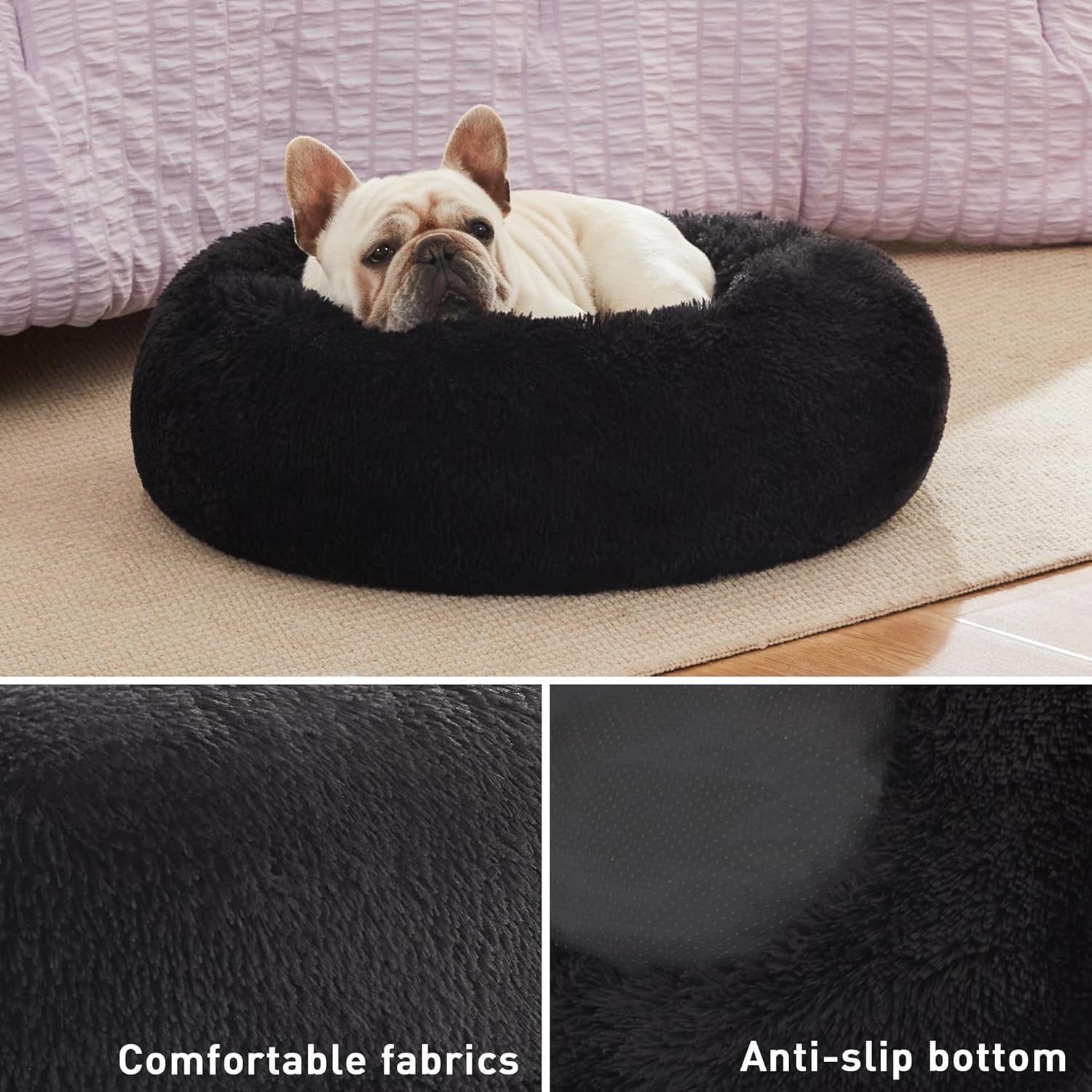 Calming Cat Bed for Indoor Cats,Anti-Anxiety Donut round Dog Bed,Fluffy Faux Fur Washable Pet Bed for Small Medium Dogs and Cats,Black,24In