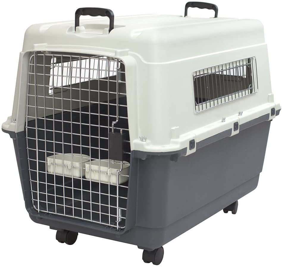 Sportpet Airline Compliant LARGE 28.75" Travel Dog Kennel-Durable Plastic Airline Pet Carrier W/ Removable Wheels & Food Bowls, Collapsible Indoor/Outdoor Dog Kennel, Dogs up to 28"L & 20"H-Cream/Gray