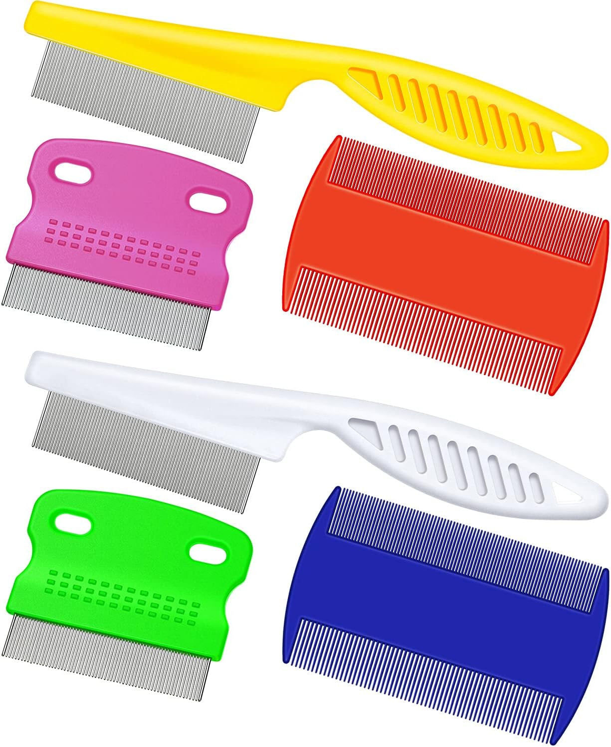 6 Pack Flea Lice Comb Stainless Steel Dog Cat Grooming Combs with Rounded Teeth, Double Sided Pet Tear Stain Remover Dematting Tool for Pets(White, Yellow, Green, Purple, Orange, Dark Blue)