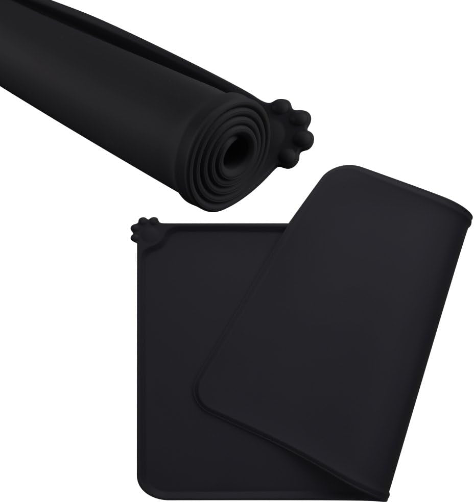 Silicone Non-Slip Dog and Cat Feeding Mat, Waterproof Pet Placemat for Small Animals (18.5" x 11.8", Black)
