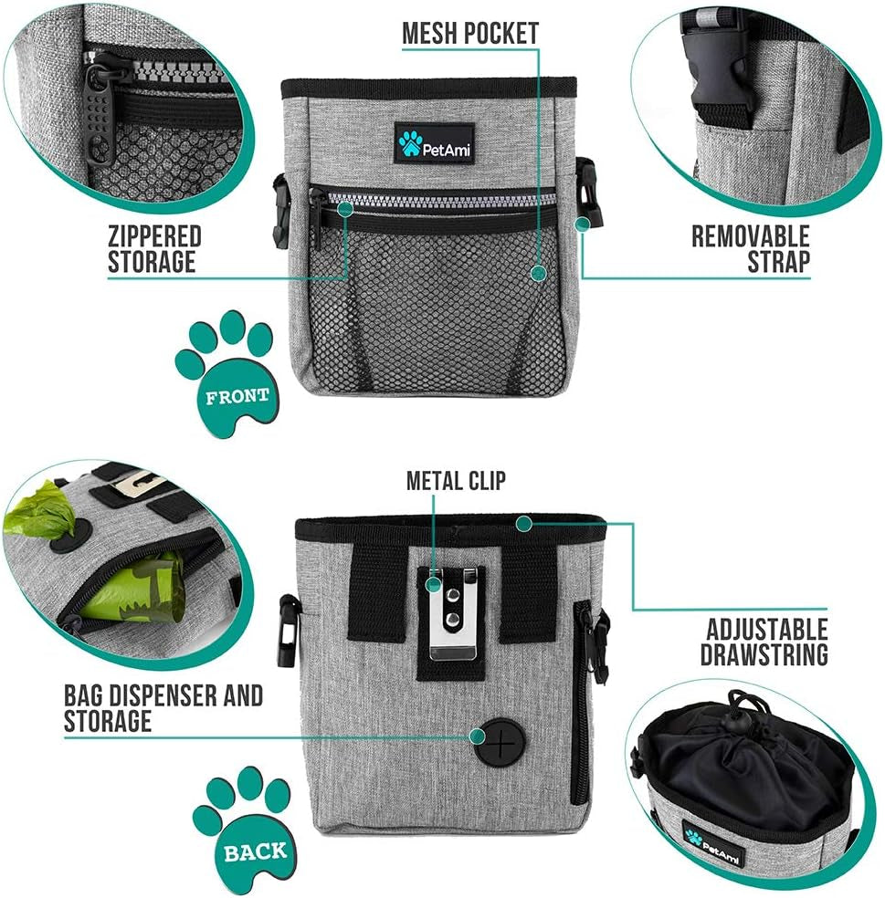 Dog Treat Pouch - Versatile Training and Walking Bag for Kibbles, Pet Food, Toys, and Essentials with Poop Bag Dispenser - 3 Wear Options (Heather Gray)