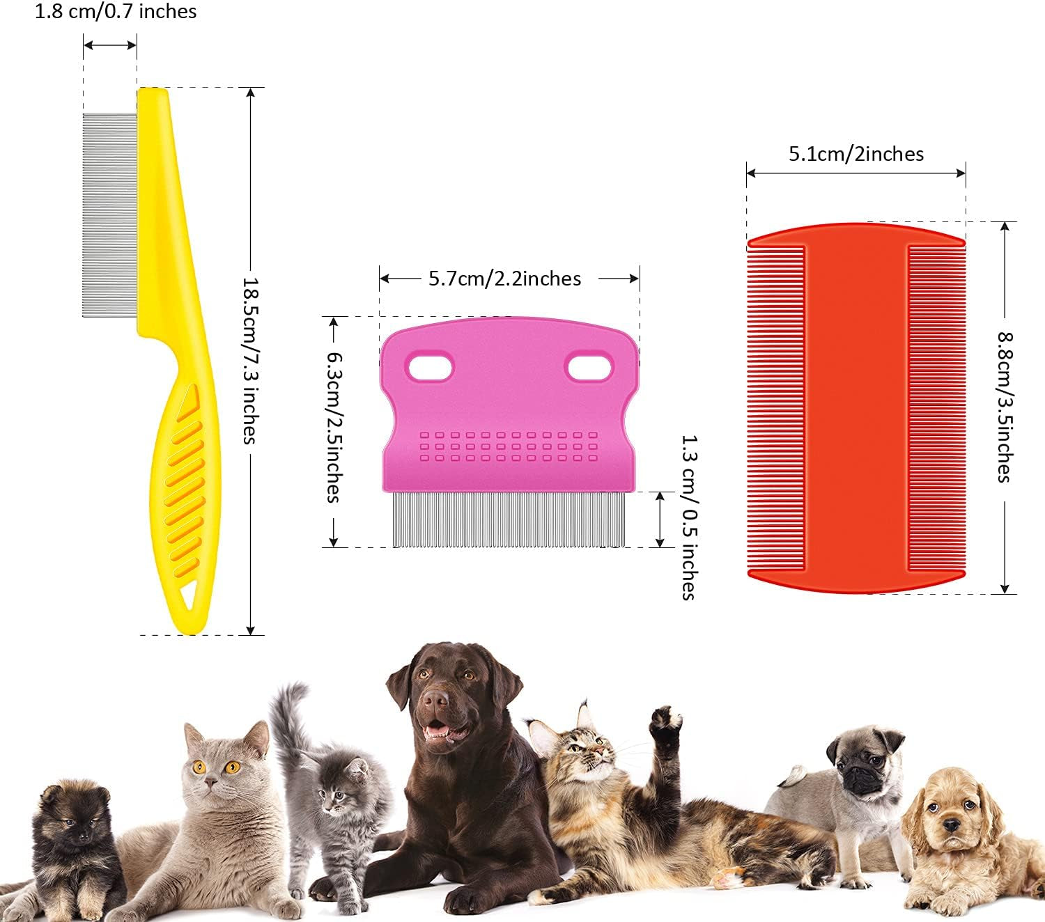 6 Pack Flea Lice Comb Stainless Steel Dog Cat Grooming Combs with Rounded Teeth, Double Sided Pet Tear Stain Remover Dematting Tool for Pets(White, Yellow, Green, Purple, Orange, Dark Blue)