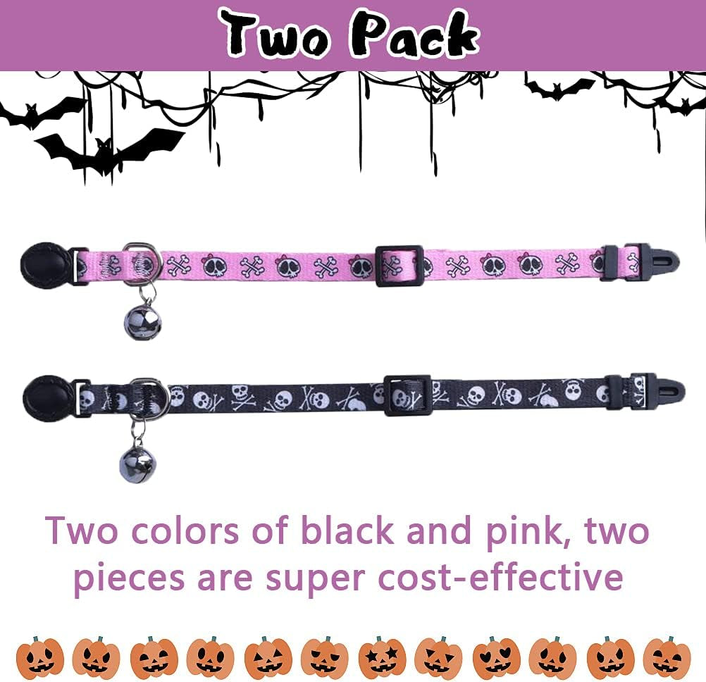 Breakaway Cat Collar with Bell Charm, 2 Packs Adjustable Kitty Collars Pink & Black Skull Pattern, 7.8-11.8 In
