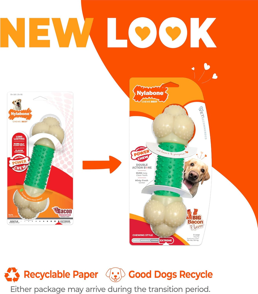 Double Action Bone Power Chew Toy for Dogs, Dog Toys for Aggressive Chewers, Bacon Flavor, X-Large - 50+ Lbs, 1 Count
