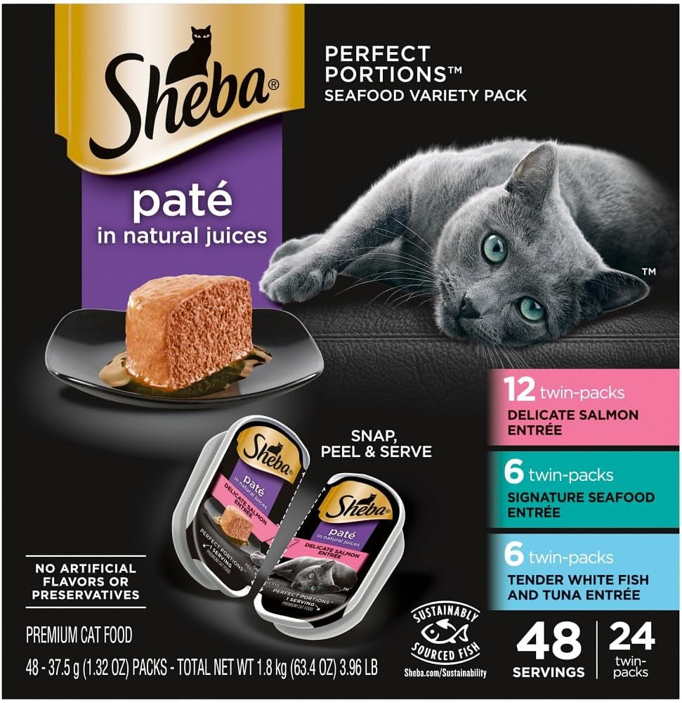 Perfect Portions Wet Cat Food Pate with Sustainable Salmon, Signature Seafood Entree, and Tender White Fish and Tuna Entree Variety Pack, 2.6 Oz. Twin Pack Trays (24 Count, 48 Servings)