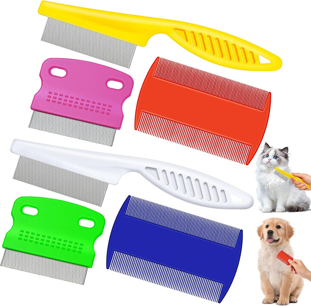 6 Pack Flea Lice Comb Stainless Steel Dog Cat Grooming Combs with Rounded Teeth, Double Sided Pet Tear Stain Remover Dematting Tool for Pets(White, Yellow, Green, Purple, Orange, Dark Blue)