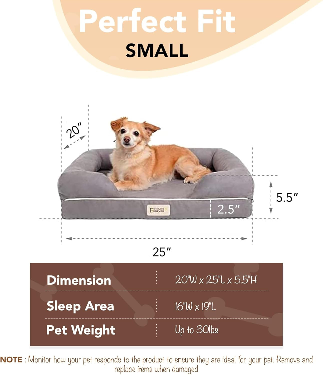 Chester Small Dog Bed - Orthopedic Memory Foam Mattress, Calming Couch, Wall Rim Pillow, Water Resistant, Washable Cover, Non-Slip, Cocoa Brown