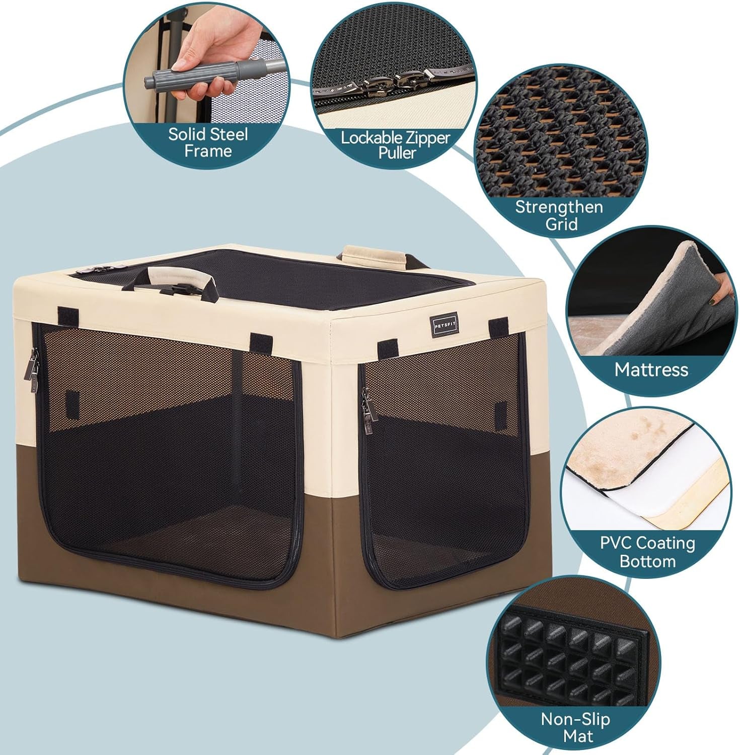 Portable Dog Crate for Small Dogs, – 24" Soft Dog Travel Crates with Lockable Zippers & Thicken Mat, Adjustable Patented Spiral Steel Frame, Collapsible Kennel for Indoor & Outdoor