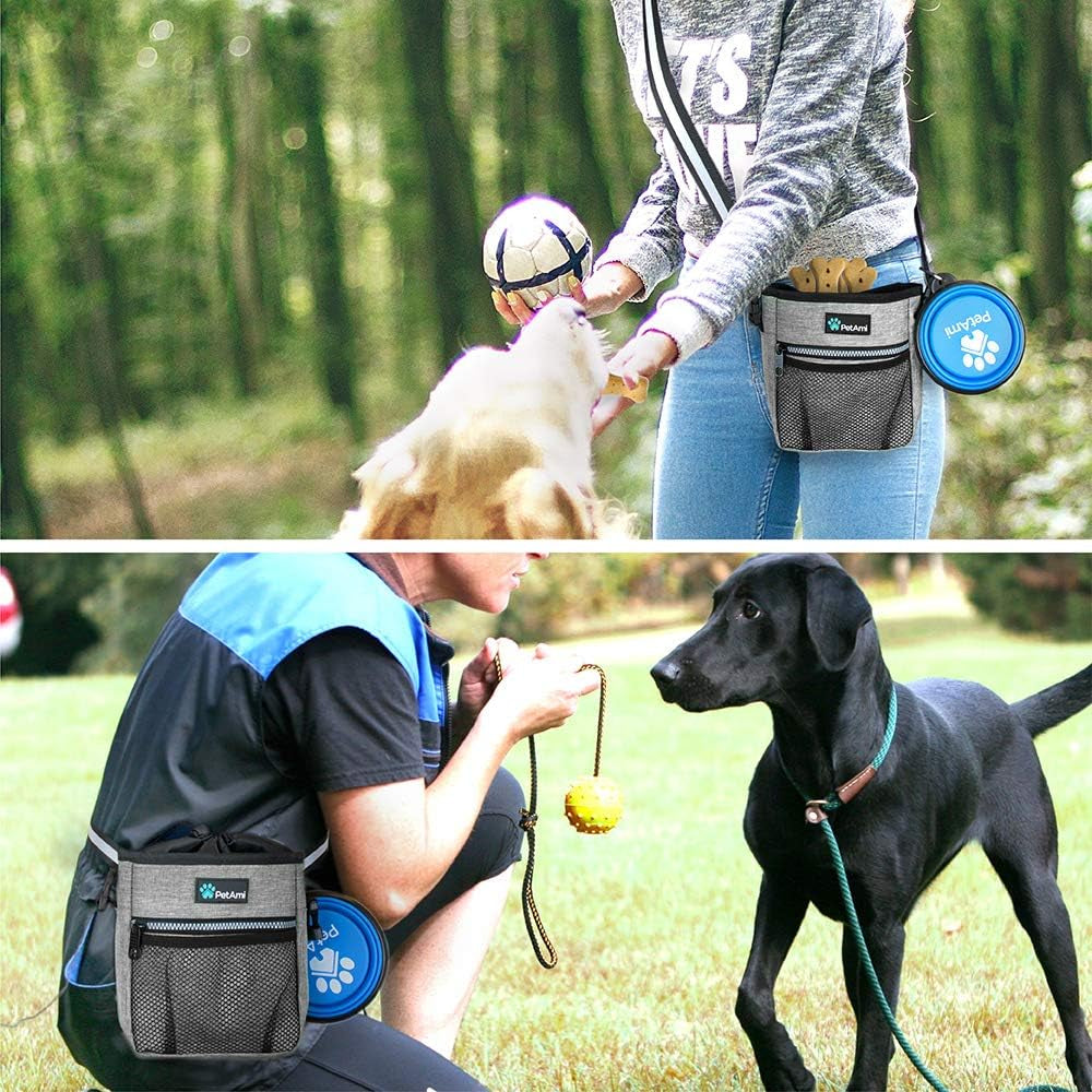 Dog Treat Pouch - Versatile Training and Walking Bag for Kibbles, Pet Food, Toys, and Essentials with Poop Bag Dispenser - 3 Wear Options (Heather Gray)