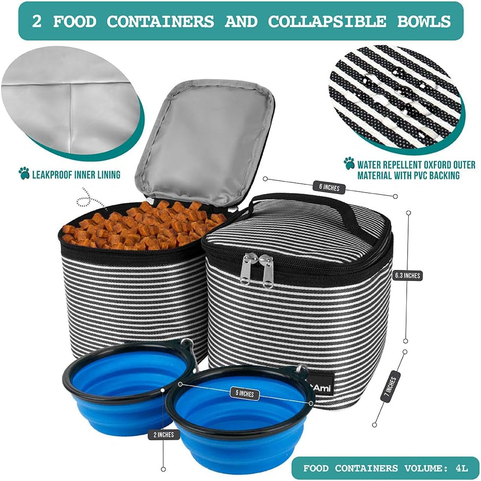 Dog Travel Bag Backpack, Airline Approved Dog Bags for Traveling, Puppy Diaper Bag Supplies, Pet Camping Essentials Hiking Accessories Gift, Food Container, Collapsible Bowls, Stripe Black