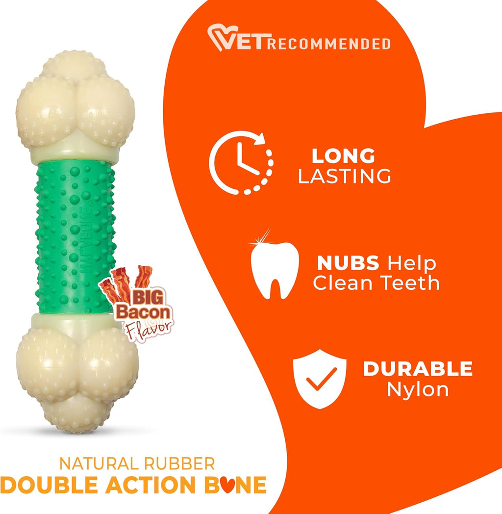 Double Action Bone Power Chew Toy for Dogs, Dog Toys for Aggressive Chewers, Bacon Flavor, X-Large - 50+ Lbs, 1 Count