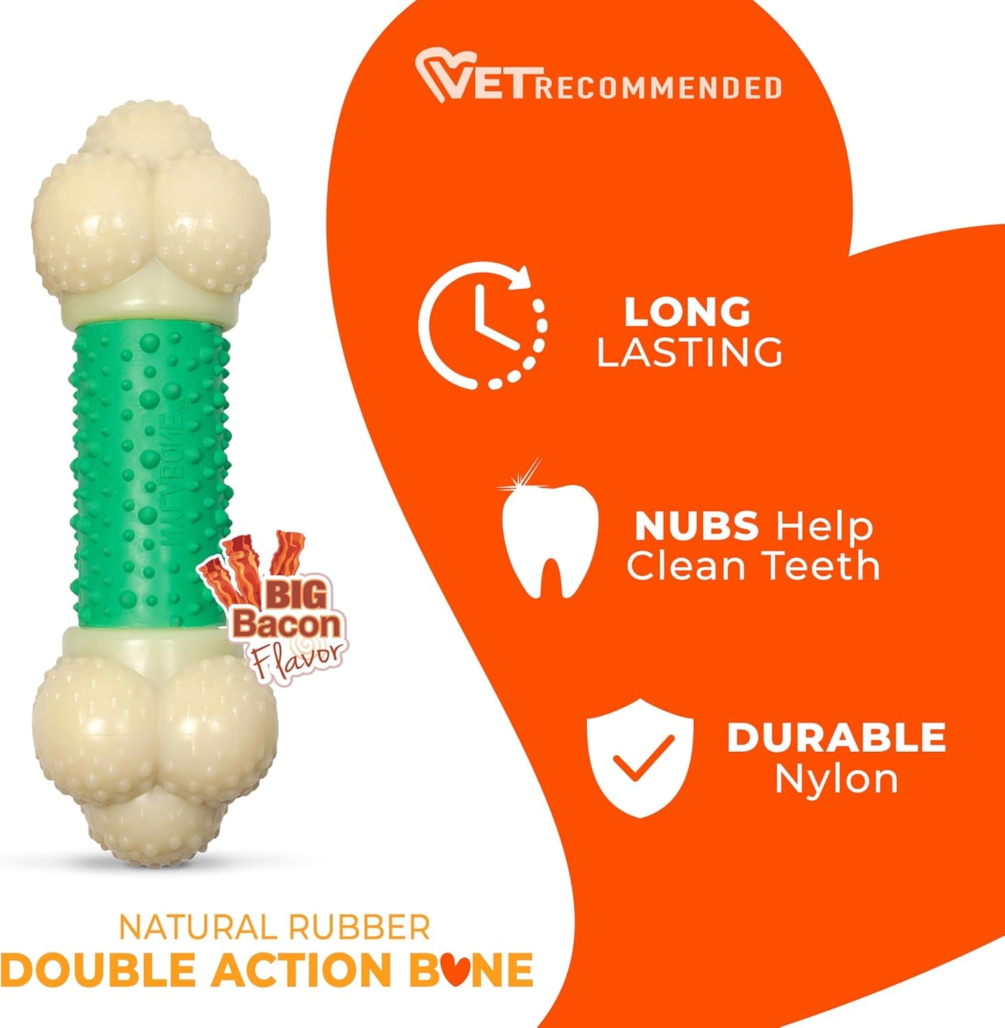 Double Action Bone Power Chew Toy for Dogs, Dog Toys for Aggressive Chewers, Bacon Flavor, X-Large - 50+ Lbs, 1 Count