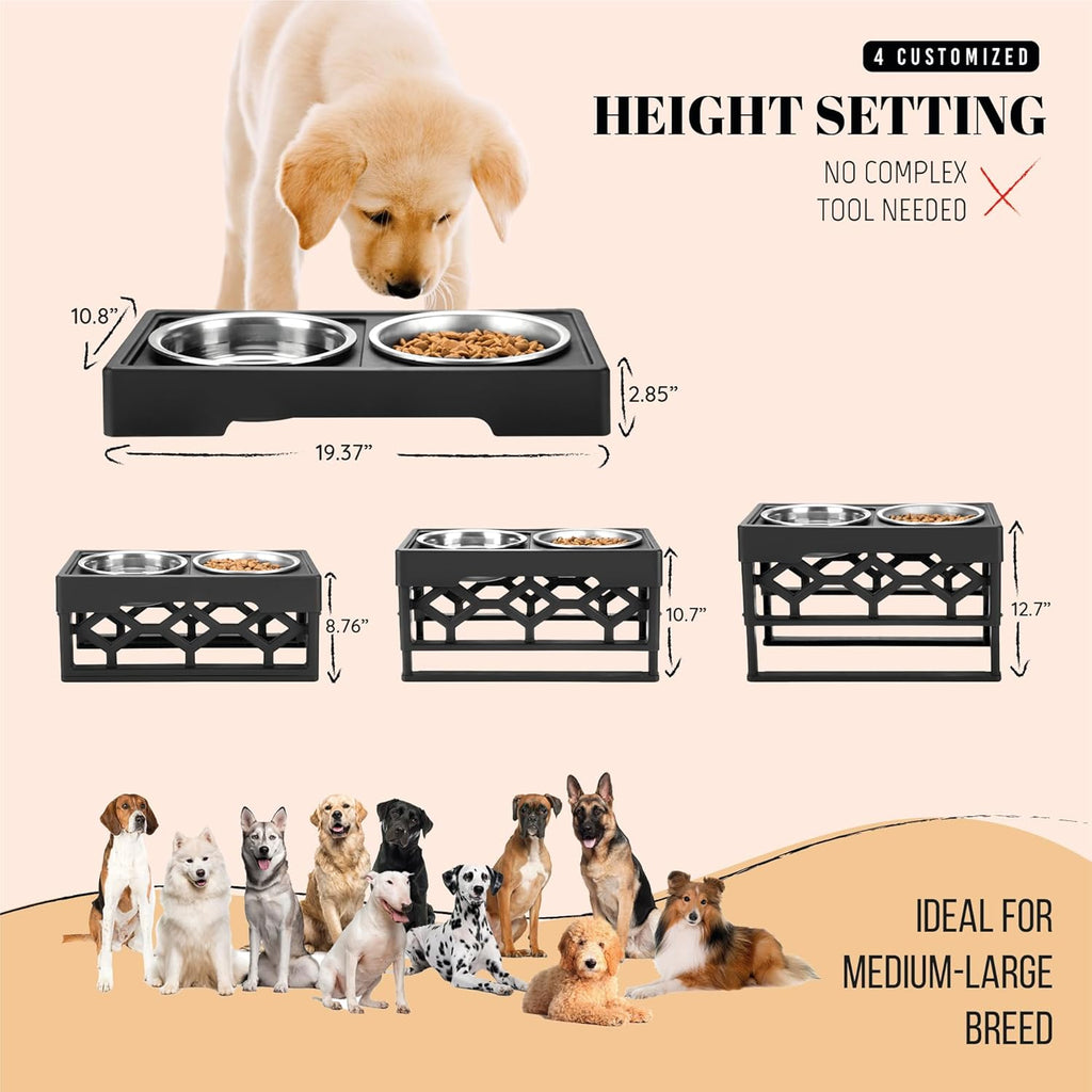 Adjustable Elevated Dog Bowl Set for Medium and Large Breeds, Includes 2 Stainless Steel Bowls and Anti-Slip Base